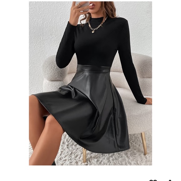 Black Long Sleeve Dress with Faux Leather Skirt - Picture 2 of 3